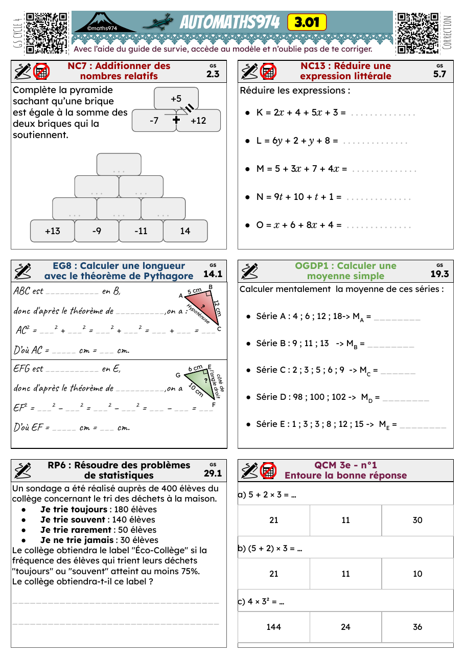 Fiche 3.01 – exercices de maths 3ème corrigés, semaine 1 : Additionner des nombres relatifs, Calculer une moyenne simple