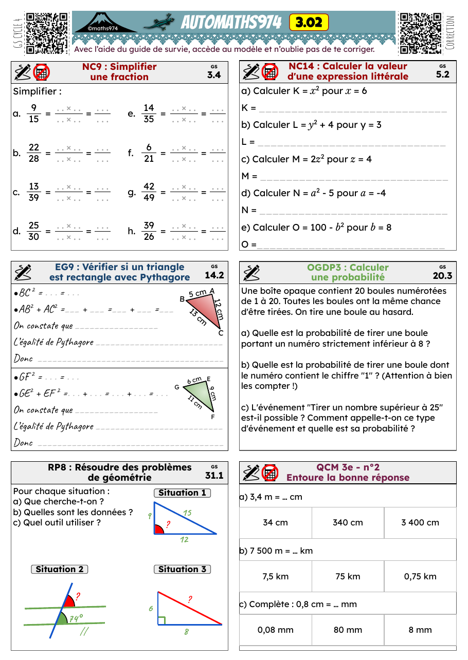 Fiche 3.02 – exercices de maths 3ème corrigés, semaine 2 : Simplifier une fraction