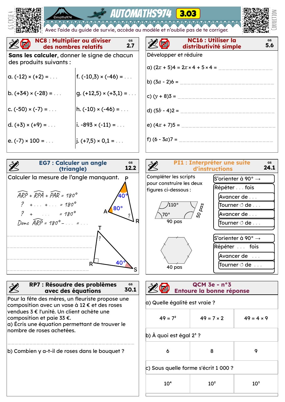 Fiche 3.03 – exercices de maths 3ème corrigés, semaine 3 : Utiliser la distributivité simple