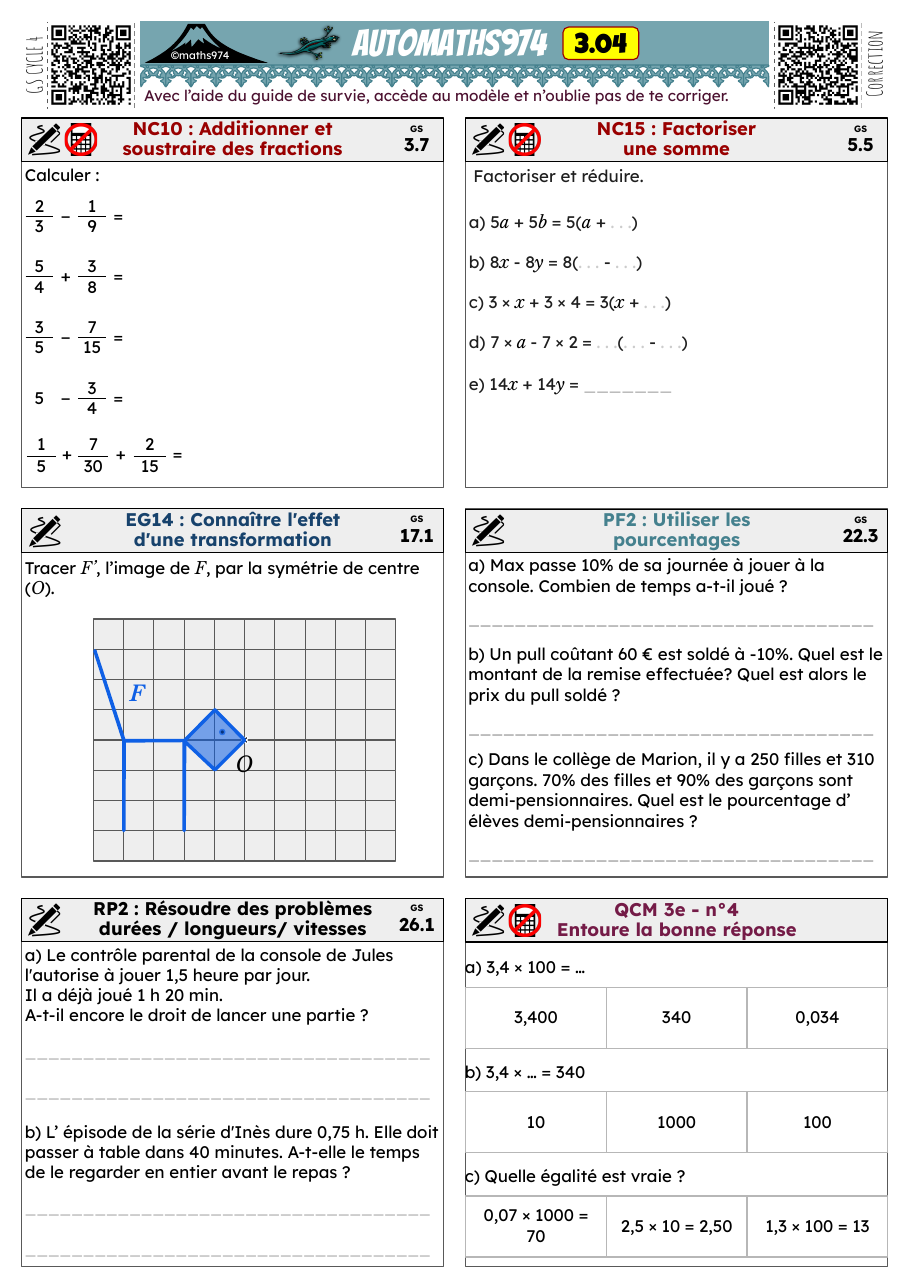 Fiche 3.04 – exercices de maths 3ème corrigés, semaine 4 : Additionner et soustraire des fractions, Factoriser une somme