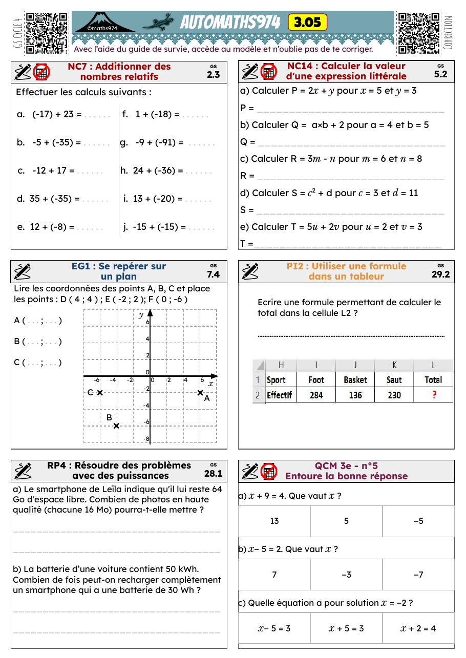 Fiche 3.05 – exercices de maths 3ème corrigés, semaine 5 : Additionner des nombres relatifs