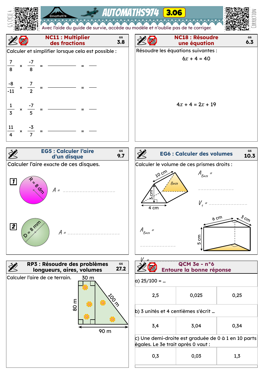 Fiche 3.06 – exercices de maths 3ème corrigés, semaine 6 : Calculer l’aire d’un disque, Calculer des volumes