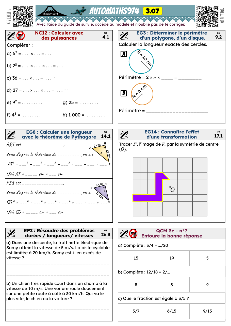 Fiche 3.07 – exercices de maths 3ème corrigés, semaine 7 : Calculer avec des puissances