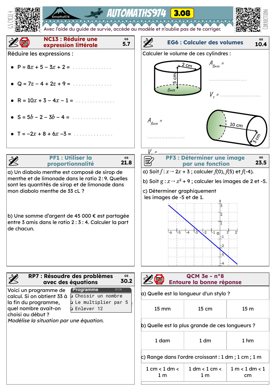 Fiche 3.08 – exercices de maths 3ème corrigés, semaine 8 : Réduire une expression littérale, Utiliser la proportionnalité