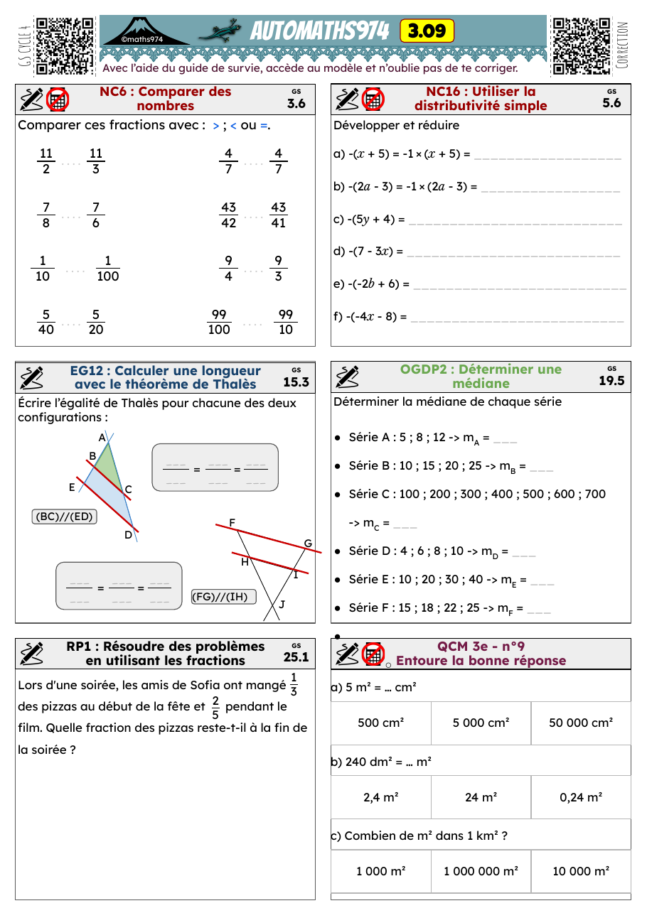 Fiche 3.09 – exercices de maths 3ème corrigés, semaine 9 : Comparer des nombres, Utiliser la distributivité simple