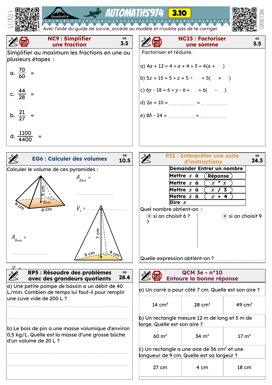 Fiche 3.10 – exercices de maths 3ème corrigés, semaine 10 : Simplifier une fraction, Calculer des volumes