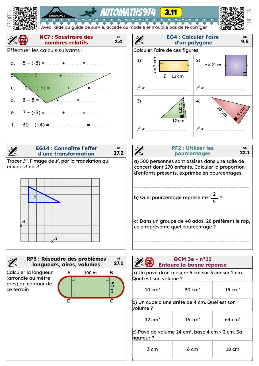 Fiche 3.11 – exercices de maths 3ème corrigés, semaine 11 : Soustraire des nombres relatifs, Calculer l'aire d'un polygone