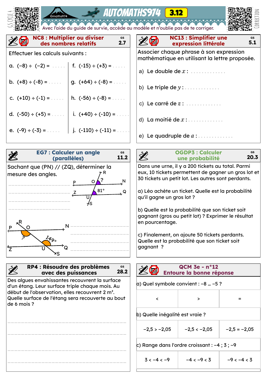 Fiche 3.12 – exercices de maths 3ème corrigés, semaine 12 : Calculer un angle (parallèles), Calculer une probabilité
