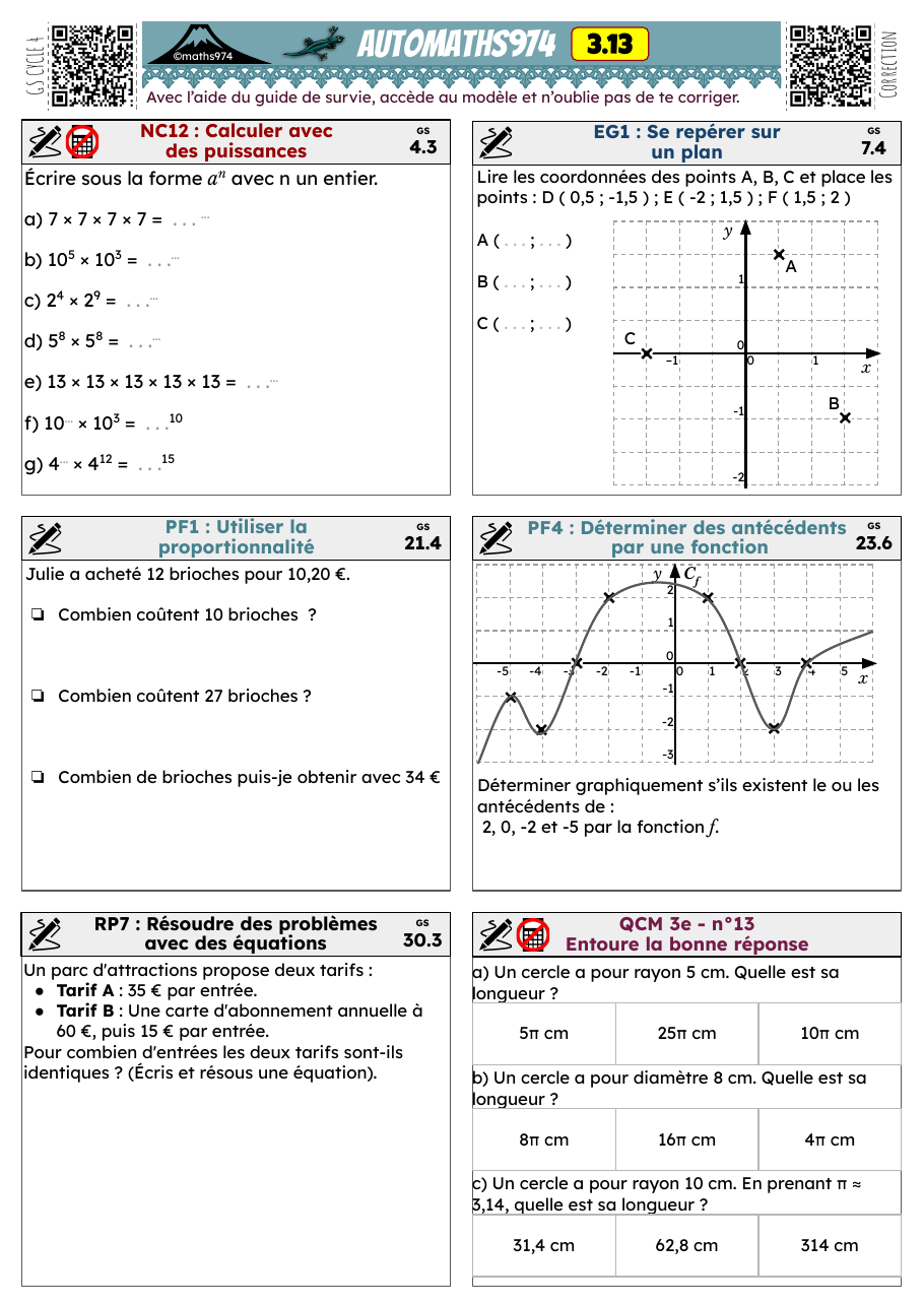 Fiche 3.13 – exercices de maths 3ème corrigés, semaine 13 : Calculer avec des puissances, Se repérer sur un plan