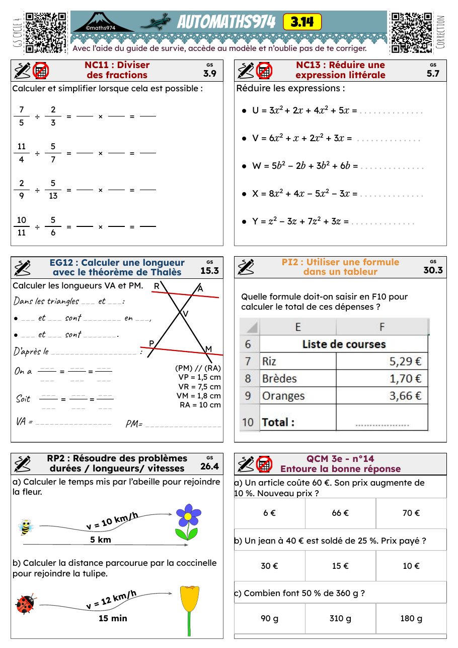 Fiche 3.14 – exercices de maths 3ème corrigés, semaine 14 : Diviser des fractions, Réduire une expression littérale