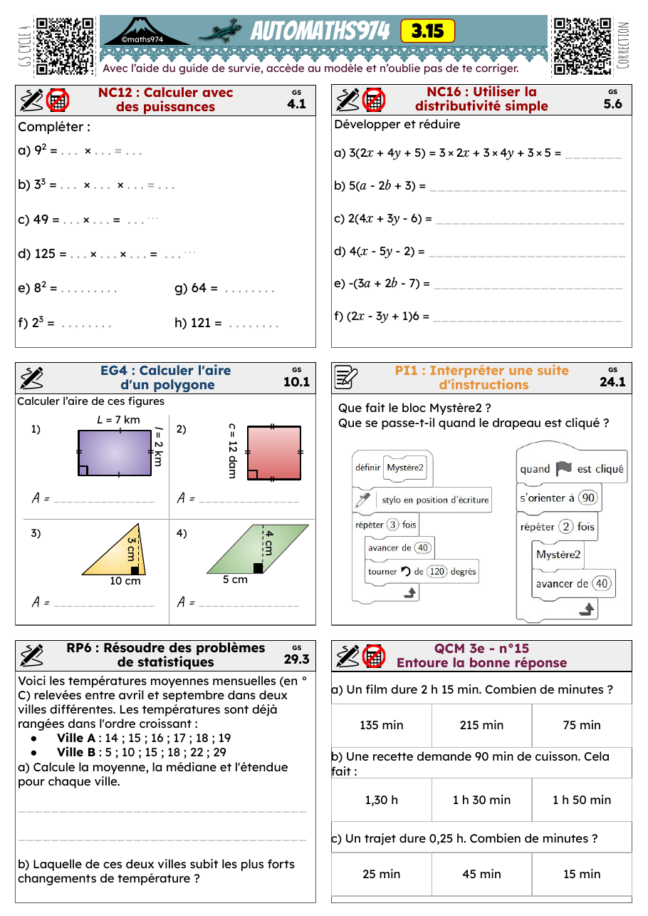 Fiche 3.15 – exercices de maths 3ème corrigés, semaine 15 : Calculer avec des puissances, Utiliser la distributivité simple