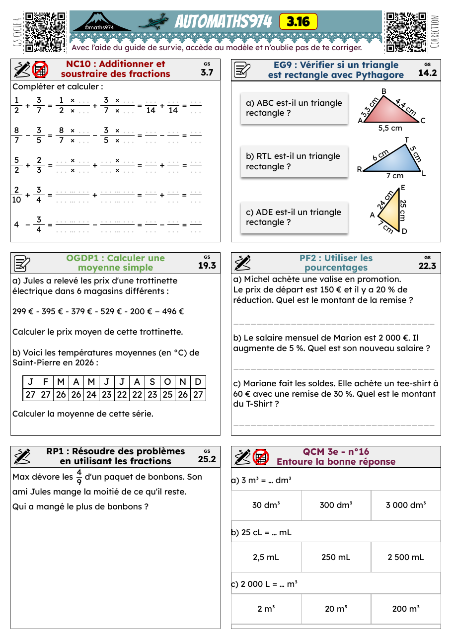 Fiche 3.16 – exercices de maths 3ème corrigés, semaine 16 : Additionner et soustraire des fractions