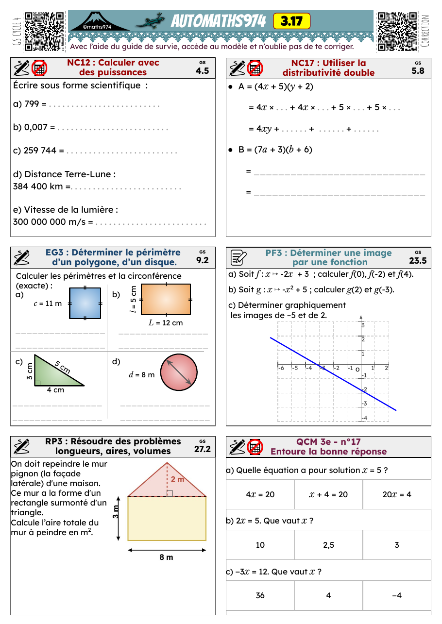 Fiche 3.17 – exercices de maths 3ème corrigés, semaine 17 : Calculer avec des puissances, Utiliser la distributivité double