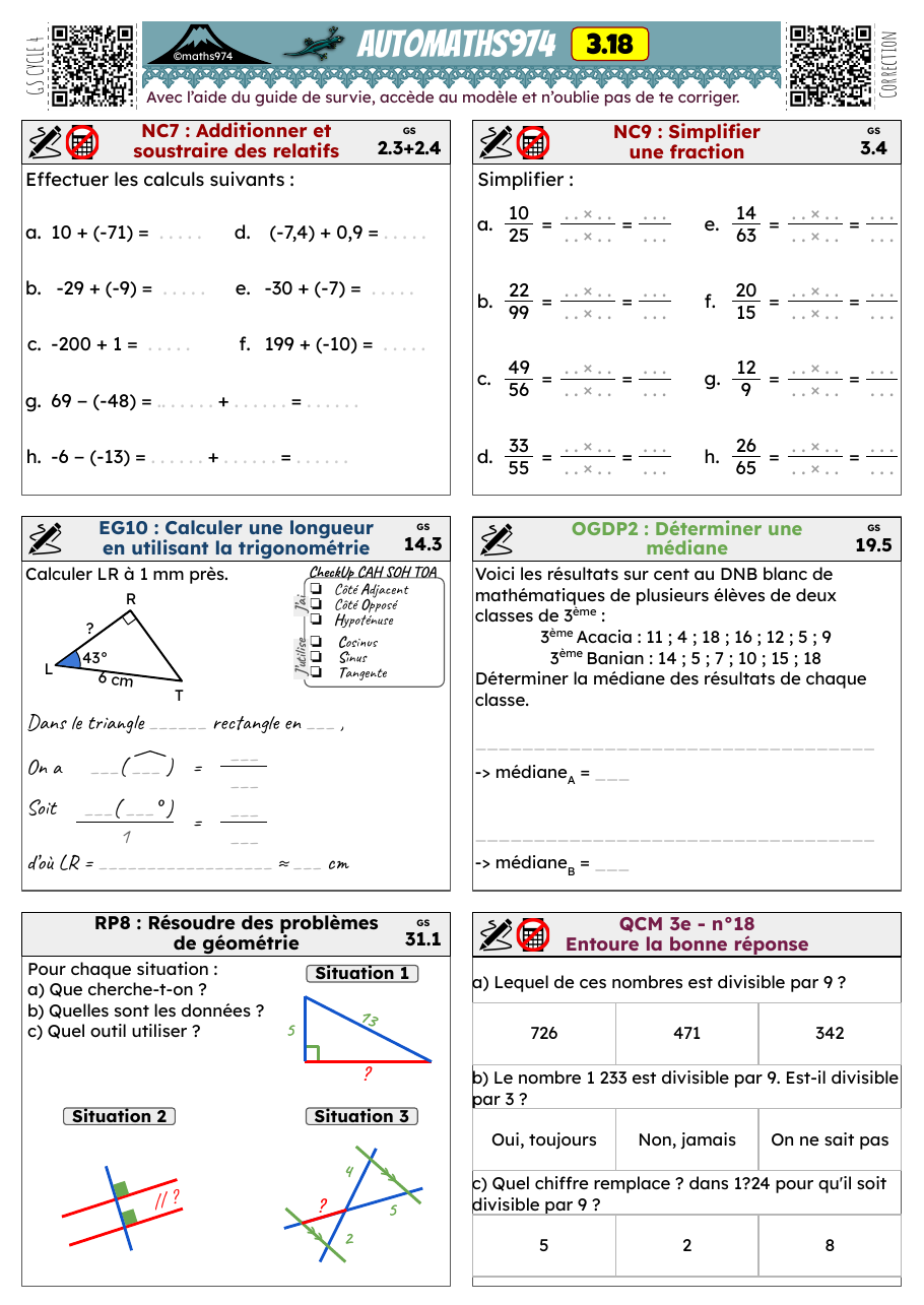 Fiche 3.18 – exercices de maths 3ème corrigés, semaine 18 : Additionner et soustraire des relatifs, Simplifier une fraction