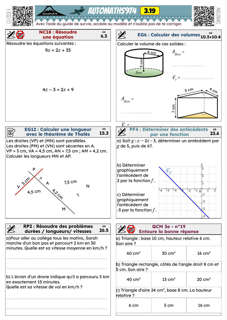 Fiche 3.19 – exercices de maths 3ème corrigés, semaine 19 : Résoudre une équation, Calculer des volumes