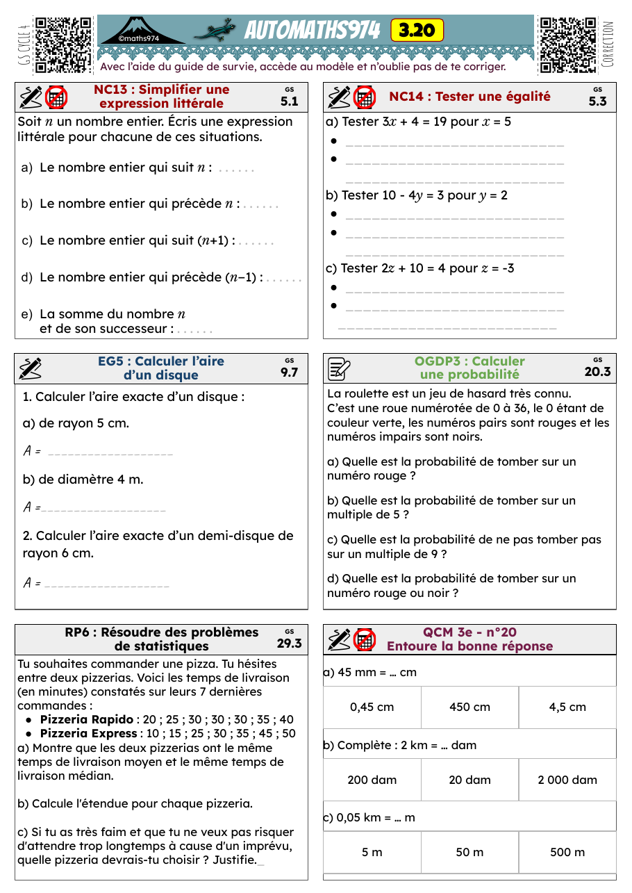 Fiche 3.20 – exercices de maths 3ème corrigés, semaine 20 : Simplifier une expression littérale, Calculer l’aire d’un disque
