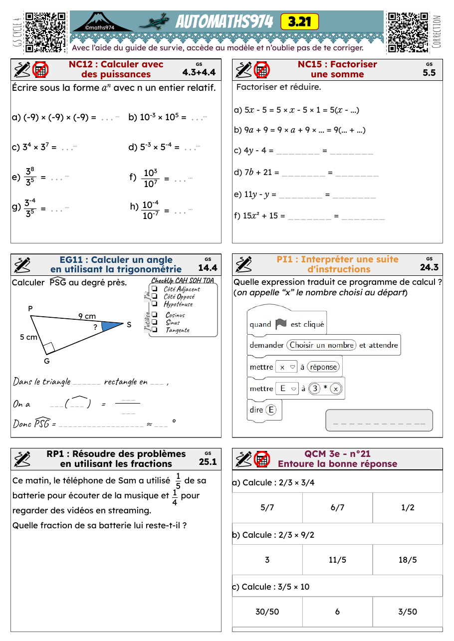 Fiche 3.21 – exercices de maths 3ème corrigés, semaine 21 : Calculer avec des puissances, Factoriser une somme