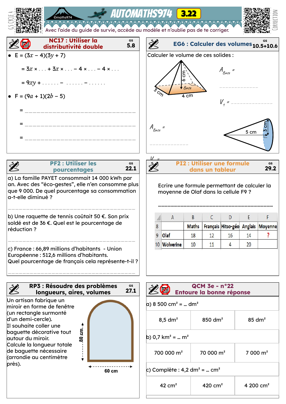 Fiche 3.22 – exercices de maths 3ème corrigés, semaine 22 : Utiliser la distributivité double, Calculer des volumes