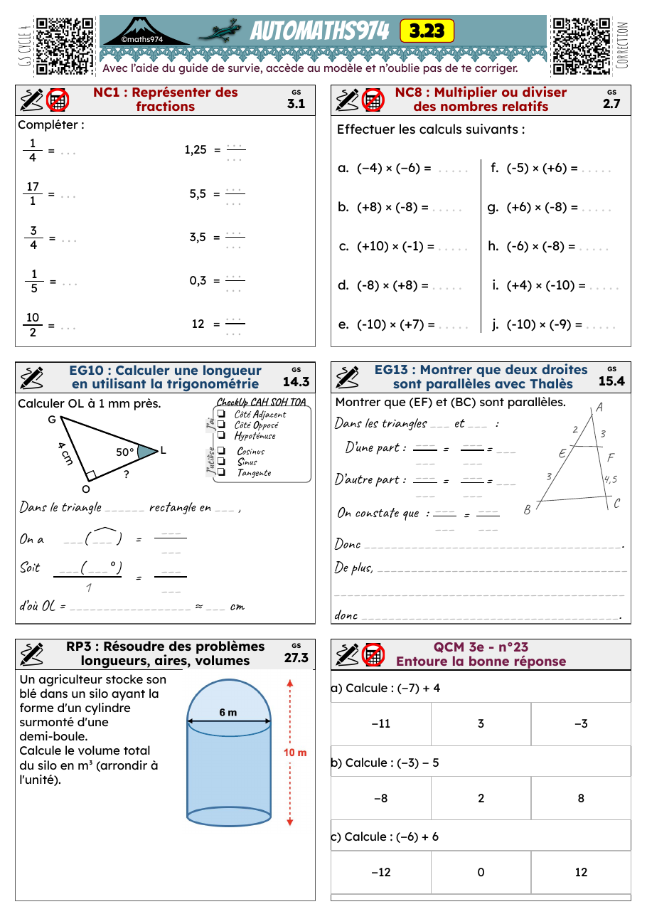Fiche 3.23 – exercices de maths 3ème corrigés, semaine 23 : Représenter des fractions