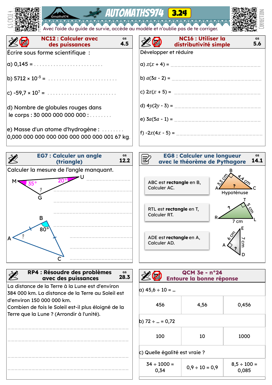 Fiche 3.24 – exercices de maths 3ème corrigés, semaine 24 : Calculer avec des puissances, Utiliser la distributivité simple
