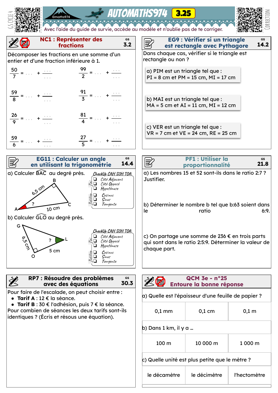 Fiche 3.25 – exercices de maths 3ème corrigés, semaine 25 : Représenter des fractions