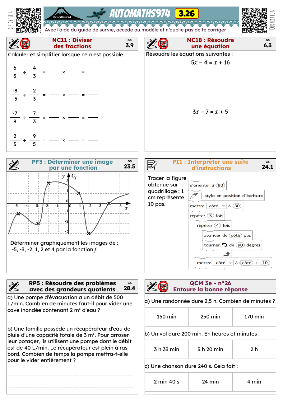 Fiche 3.26 – exercices de maths 3ème corrigés, semaine 26 : Déterminer une image par une fonction, Résoudre une équation