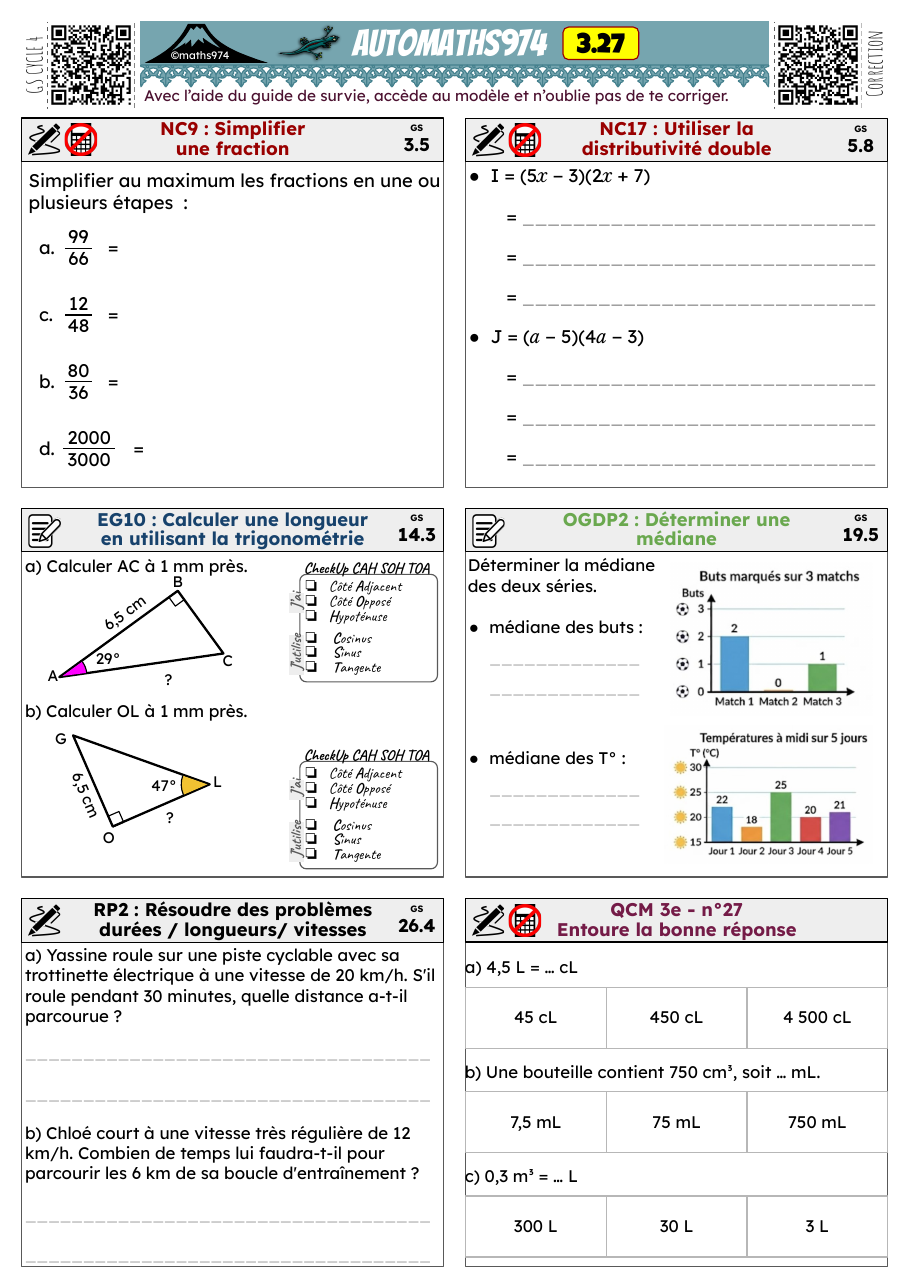 Fiche 3.27 – exercices de maths 3ème corrigés, semaine 27 : Simplifier une fraction, Déterminer une médiane