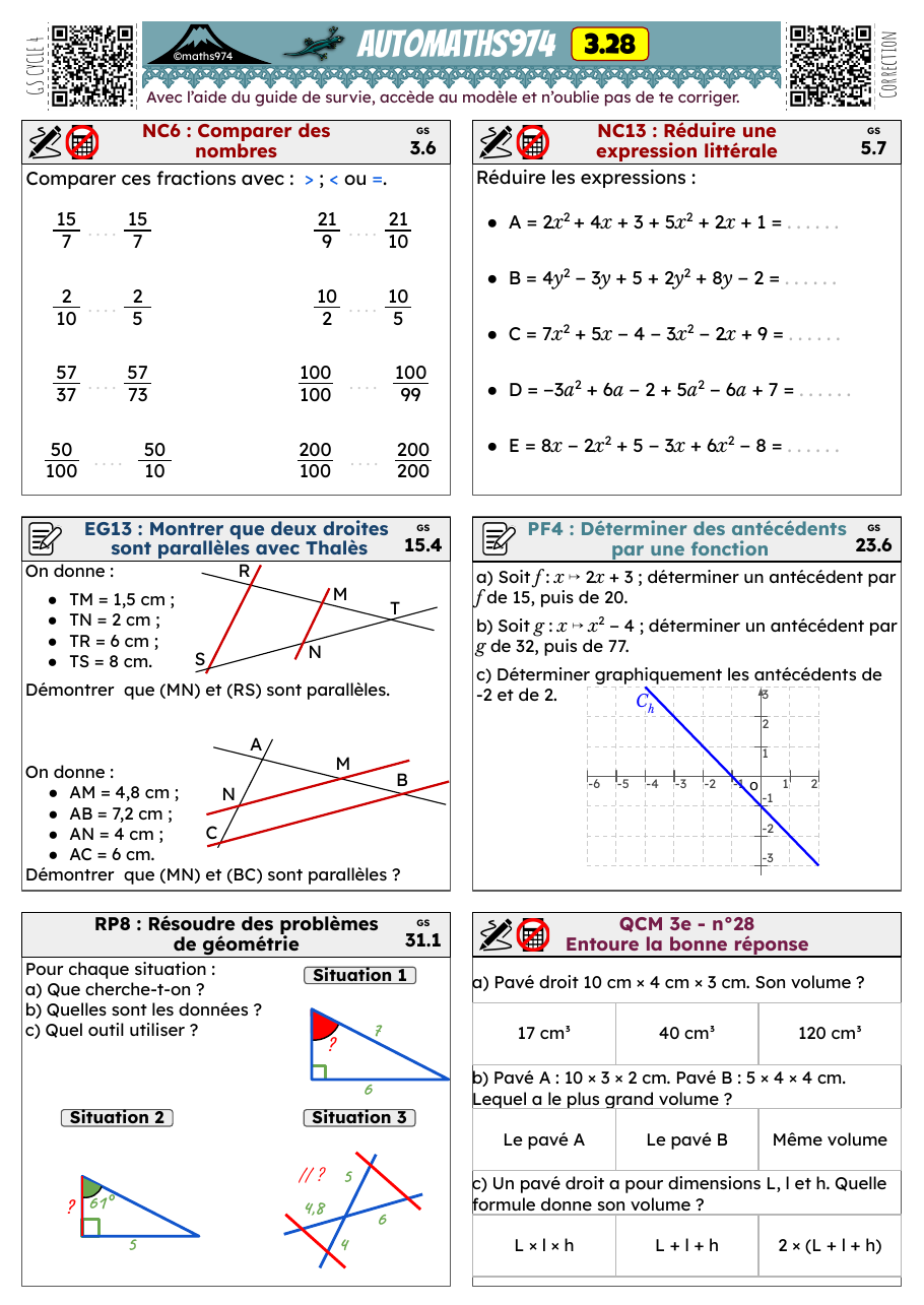 Fiche 3.28 – exercices de maths 3ème corrigés, semaine 28 : Comparer des nombres
