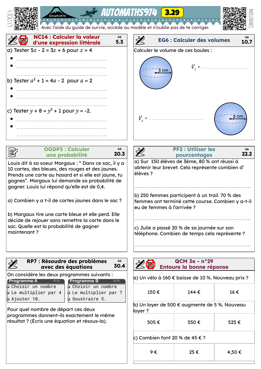 Fiche 3.29 – exercices de maths 3ème corrigés, semaine 29 : Calculer la valeur d'une expression littérale