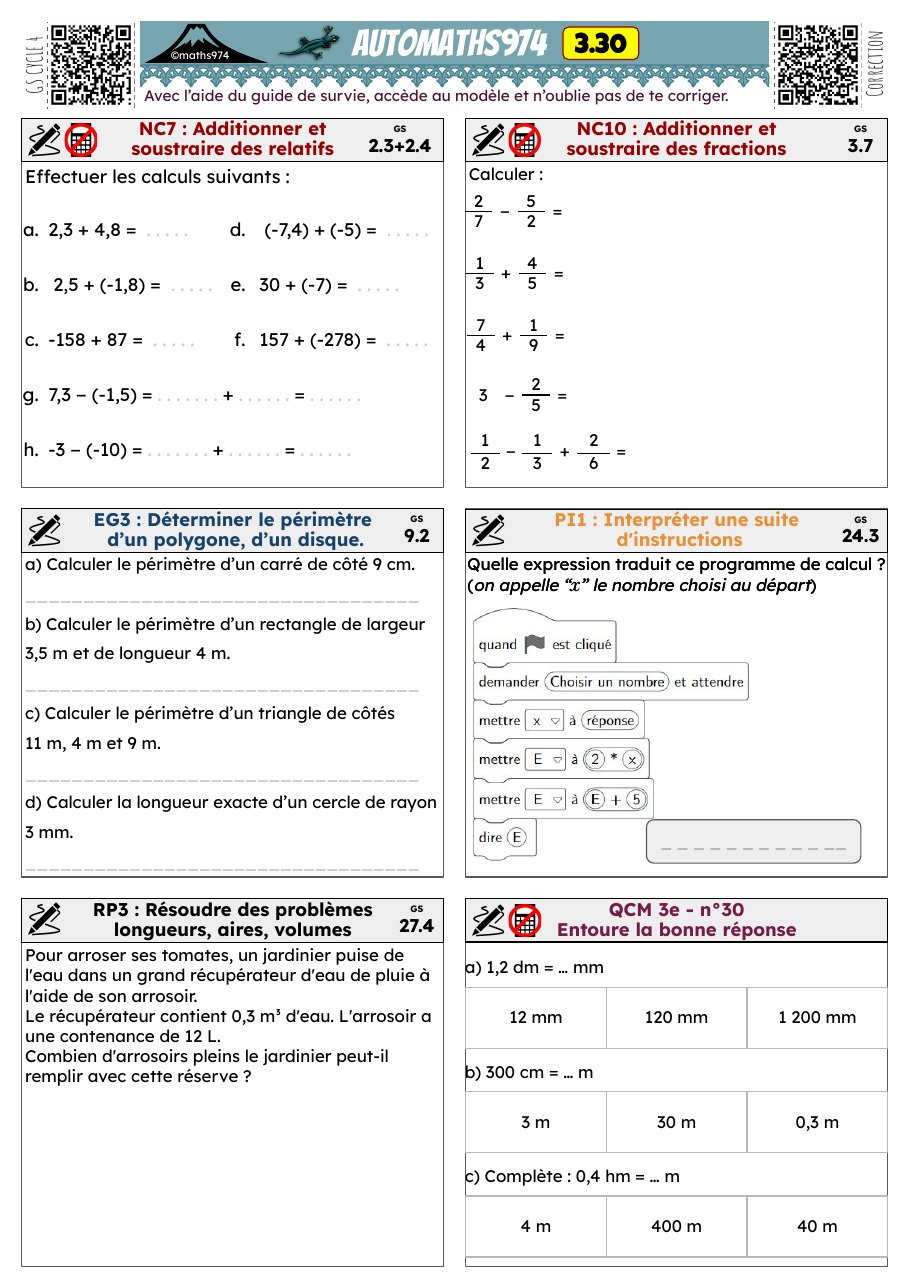 Fiche 3.30 – exercices de maths 3ème corrigés, semaine 30 : Additionner et soustraire des relatifs