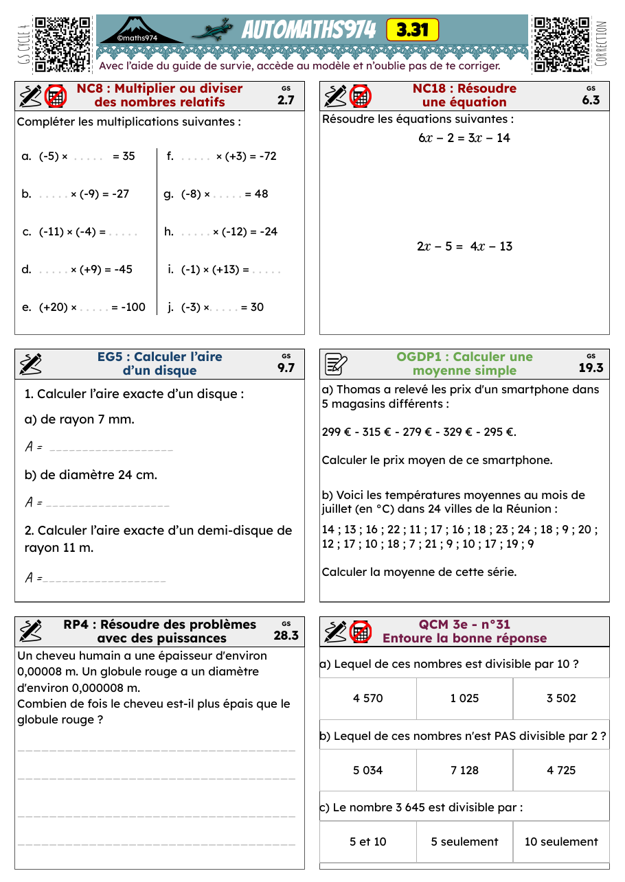 Fiche 3.31 – exercices de maths 3ème corrigés, semaine 31 : Multiplier ou diviser des nombres relatifs, Résoudre une équation