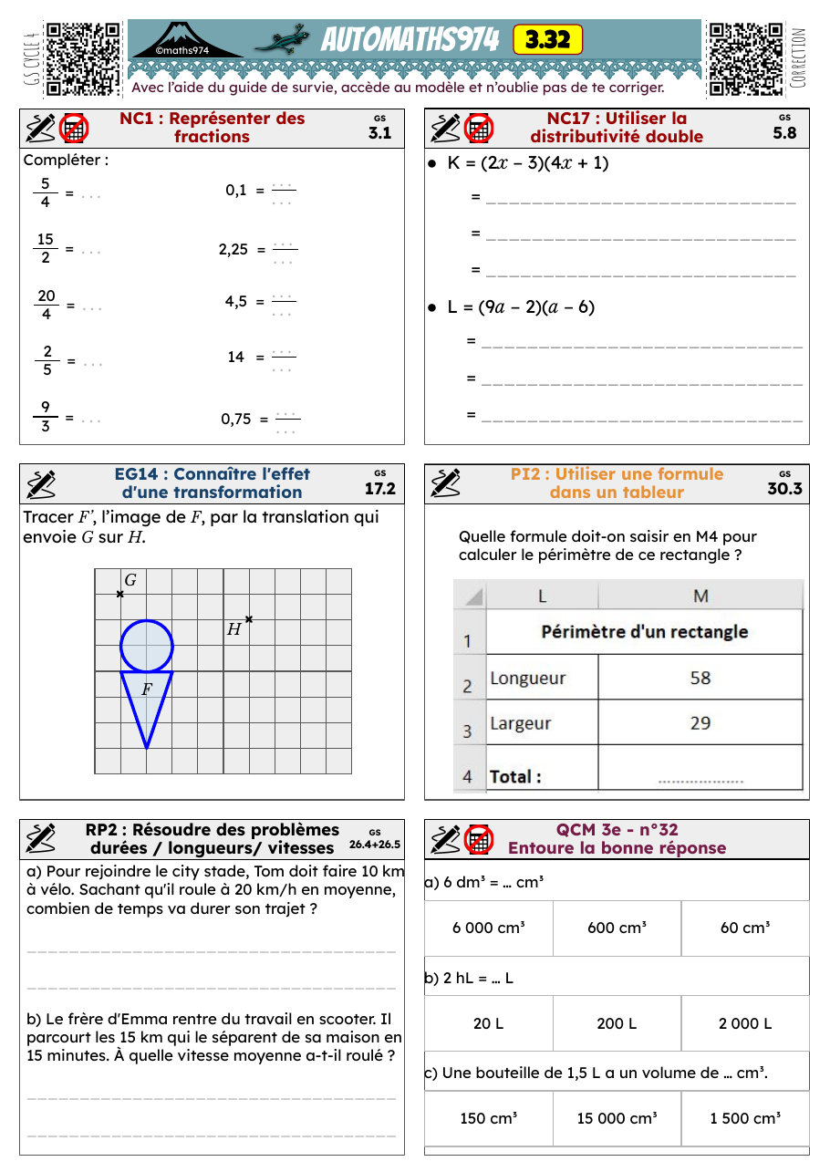 Fiche 3.32 – exercices de maths 3ème corrigés, semaine 32 : Représenter des fractions, Utiliser la distributivité double