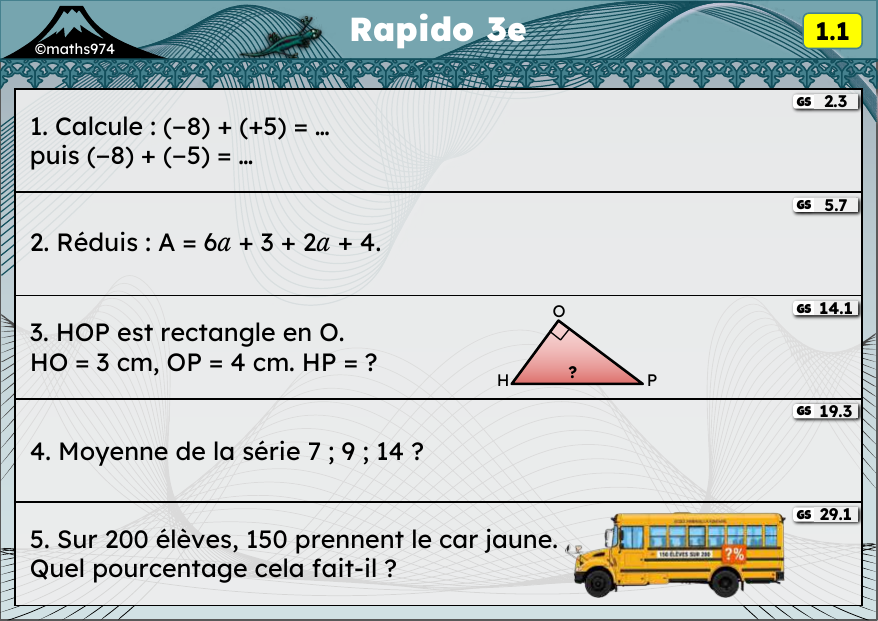 Rapido 1.1 – exercices de maths 3ème, semaine 1 : Addition de relatifs, réduire, Pythagore, moyenne, pourcentages