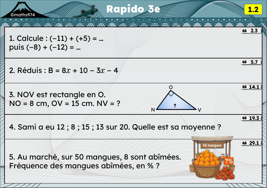 Rapido 1.2 – exercices de maths 3ème, semaine 1 : Addition de relatifs, réduire, Pythagore, moyenne, pourcentages