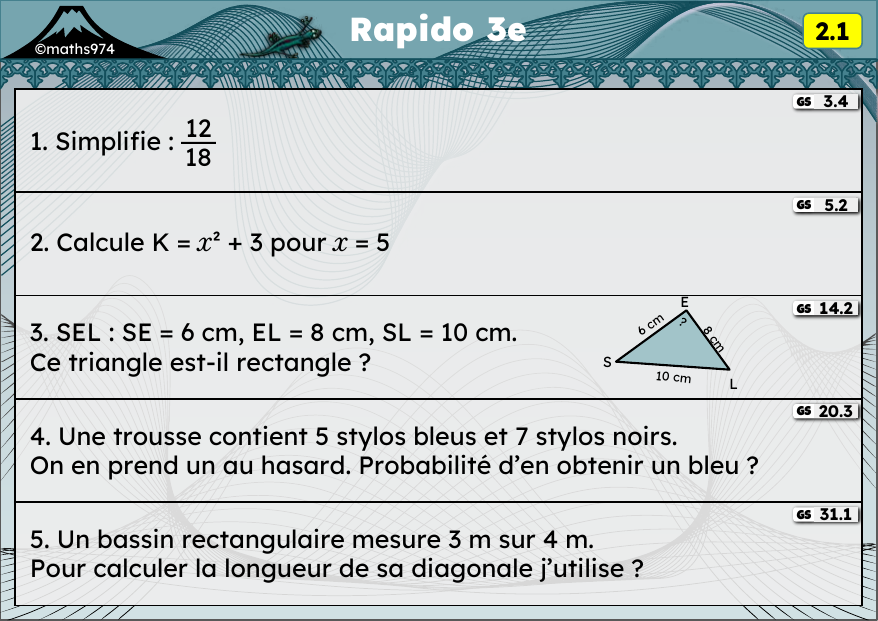 Rapido 2.1 – exercices de maths 3ème, semaine 2 : Simplifier, calcul littéral avec carrés, réciproque de Pythagore