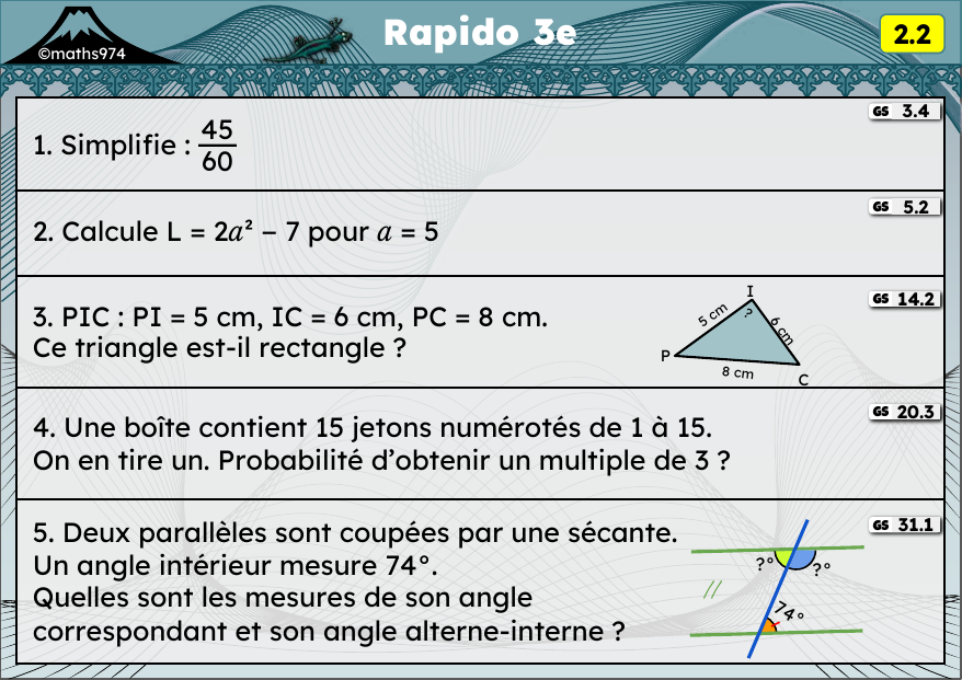 Rapido 2.2 – exercices de maths 3ème, semaine 2 : Simplifier, calcul littéral avec carrés, réciproque de Pythagore