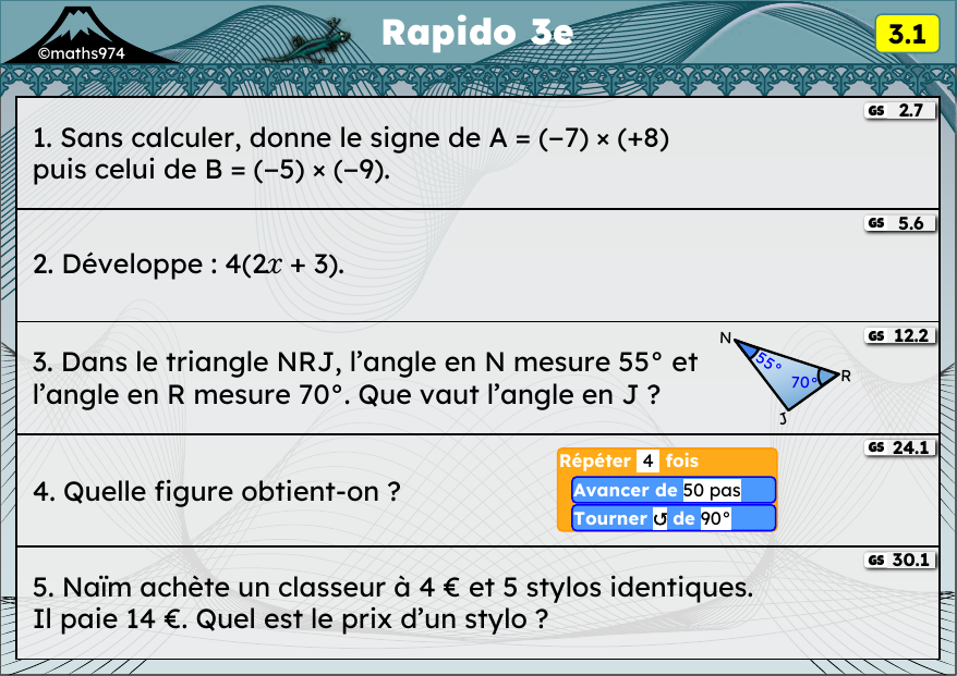 Rapido 3.1 – exercices de maths 3ème, semaine 3 : Multiplication et division de relatifs, développer, angles d'un triangle