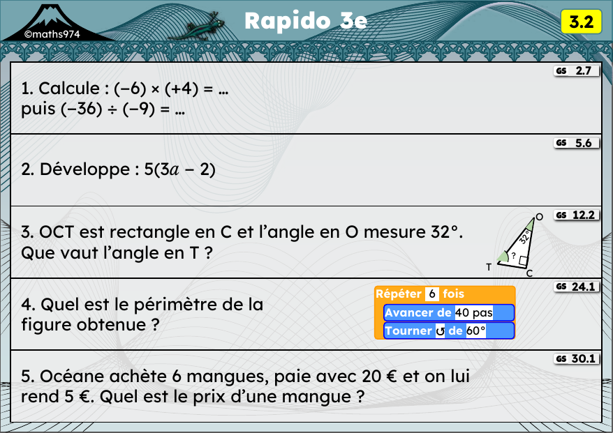 Rapido 3.2 – exercices de maths 3ème, semaine 3 : Multiplication et division de relatifs, développer, angles d'un triangle