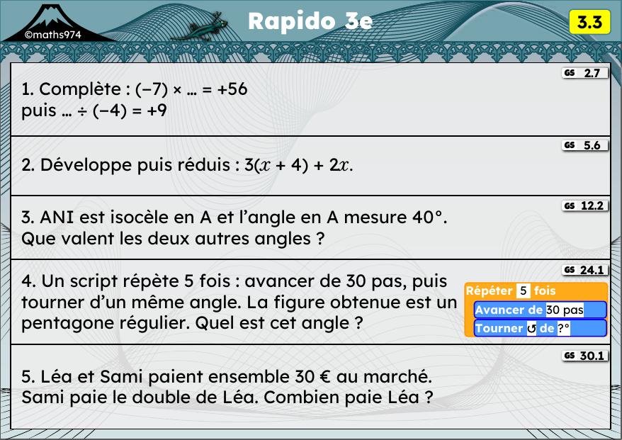Rapido 3.3 – exercices de maths 3ème, semaine 3 : Multiplication et division de relatifs, développer, angles d'un triangle