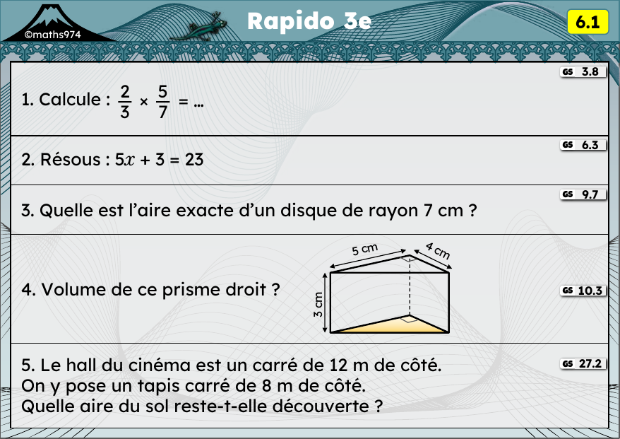 Rapido 6.1 – exercices de maths 3ème, semaine 6 : Produit de fractions, équations à deux membres, aire du disque