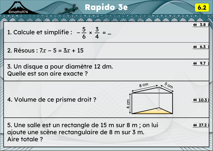 Rapido 6.2 – exercices de maths 3ème, semaine 6 : Produit de fractions, équations à deux membres, aire du disque