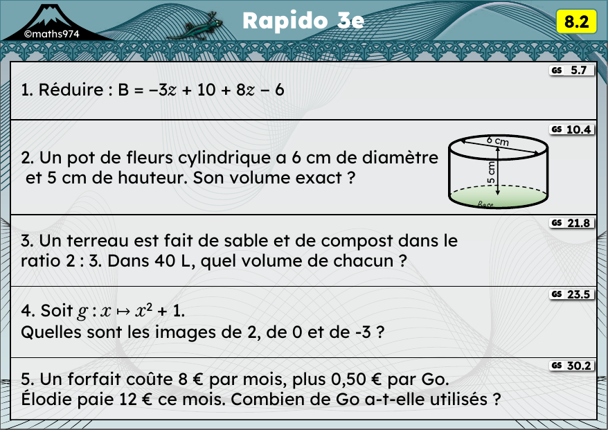 Rapido 8.2 – exercices de maths 3ème, semaine 8 : Réduire, cylindre, ratios