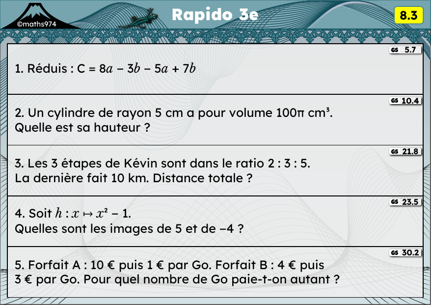 Rapido 8.3 – exercices de maths 3ème, semaine 8 : Réduire, cylindre, ratios