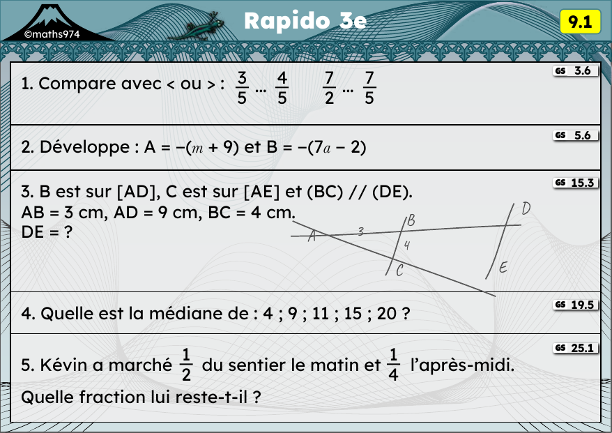 Rapido 9.1 – exercices de maths 3ème, semaine 9 : Comparer des fractions, développer avec un signe moins, Thalès, médiane