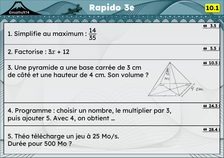 Rapido 10.1 – exercices de maths 3ème, semaine 10 : Simplifier, factoriser, pyramide, programmes de calcul