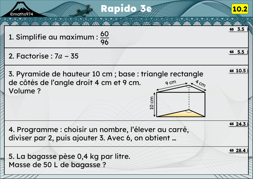 Rapido 10.2 – exercices de maths 3ème, semaine 10 : Simplifier, factoriser, pyramide, programmes de calcul
