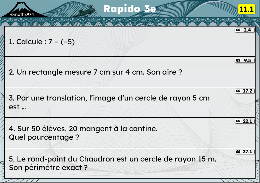 Rapido 11.1 – exercices de maths 3ème, semaine 11 : Soustraction de relatifs, aires, translation, pourcentages
