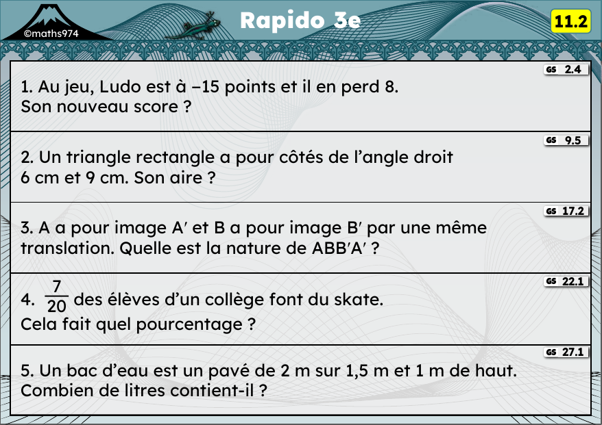 Rapido 11.2 – exercices de maths 3ème, semaine 11 : Soustraction de relatifs, aires, translation, pourcentages