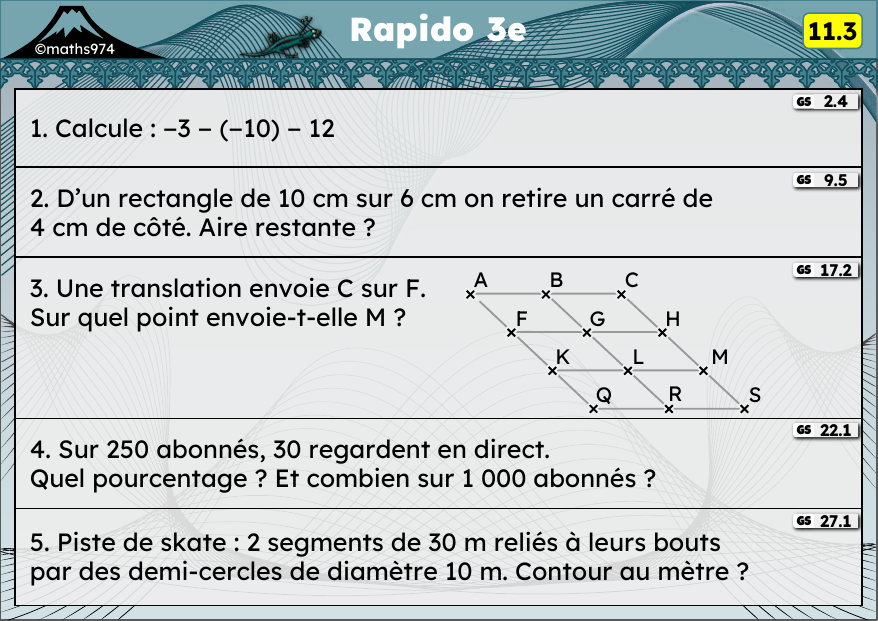 Rapido 11.3 – exercices de maths 3ème, semaine 11 : Soustraction de relatifs, aires, translation, pourcentages