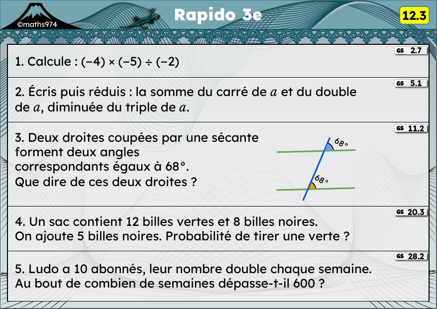 Rapido 12.3 – exercices de maths 3ème, semaine 12 : Multiplication et division de relatifs, expressions en fonction de x